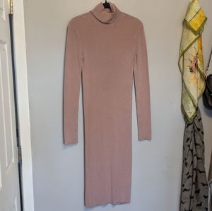 Express blush pink ribbed turtleneck midi sweater dress